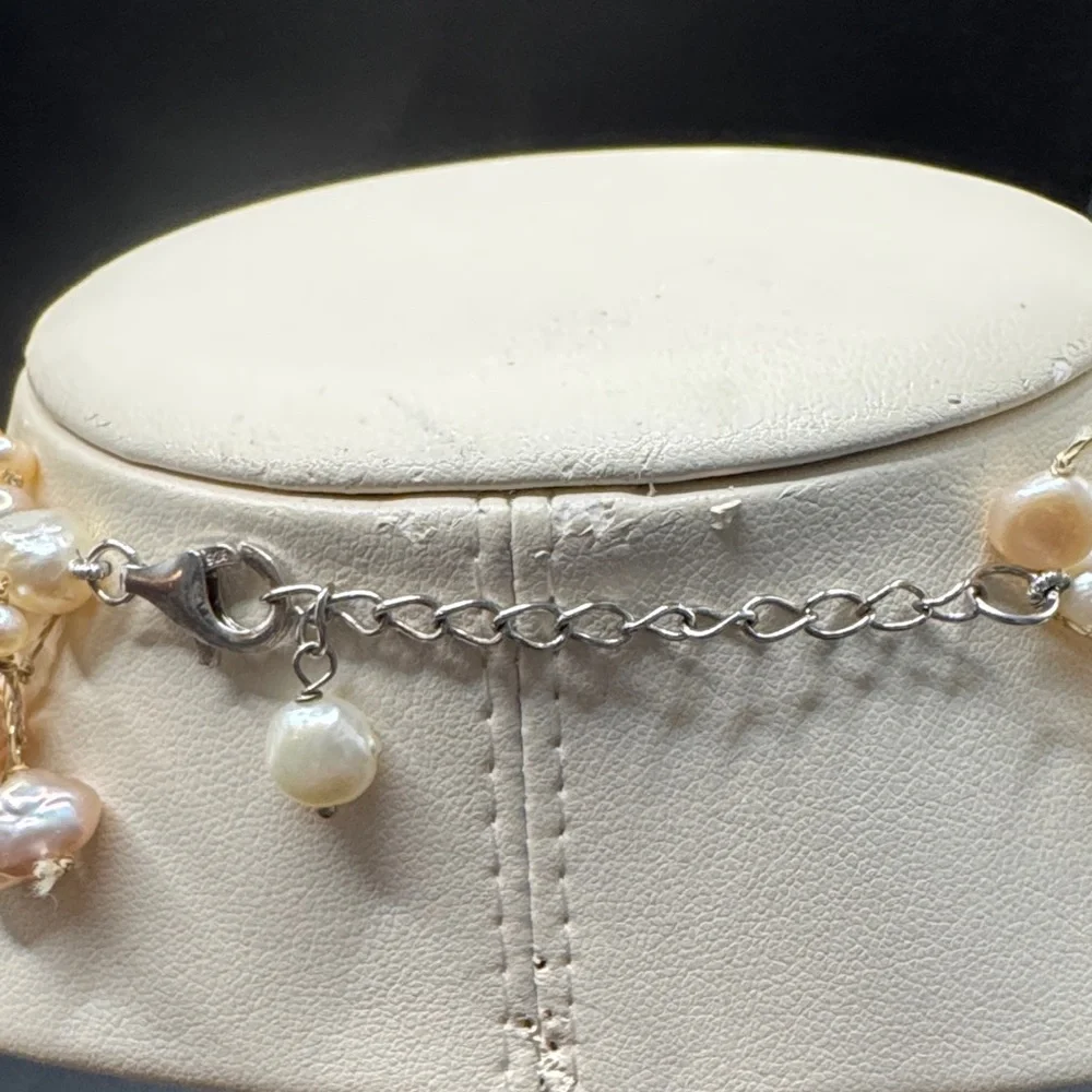 Vintage Light Pink Dangle Pearl Amethyst  Quartz necklace 925 Sterling Layered